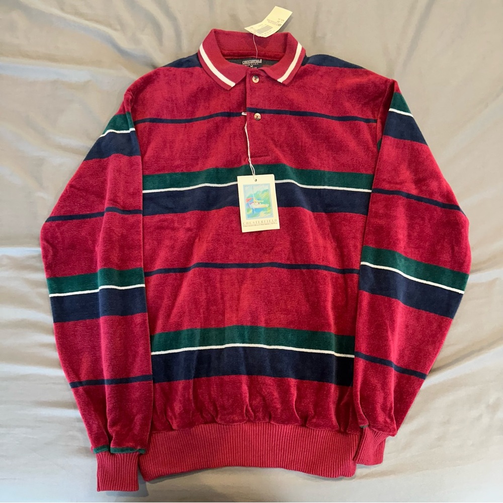 Vintage 80s Chesterfield Velour Polo Shirt M Retro Striped Long Sleeve USA NWT